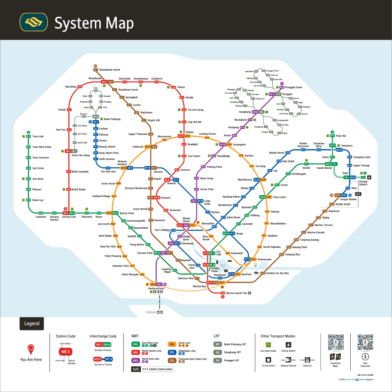 Singapore MRT and LRT system map showing all rail lines and stations